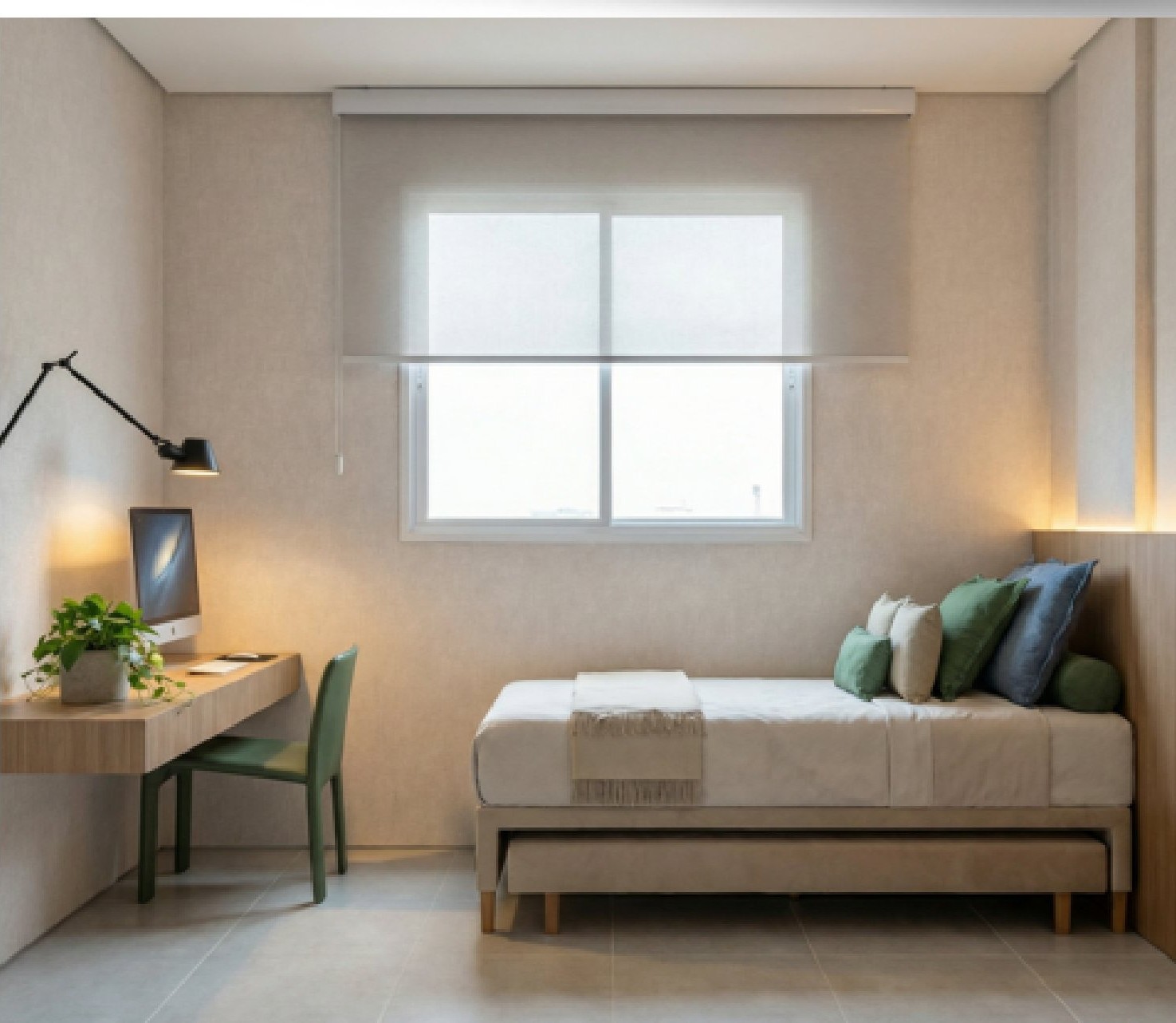 Quarto com cama de solteiro e escrivaninha